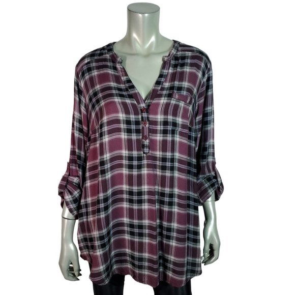 torrid Tops - Torrid 1 Twill Henley Tunic Top Plus Size 1X Roll Tab Sleeve Pocket Plaid Purple